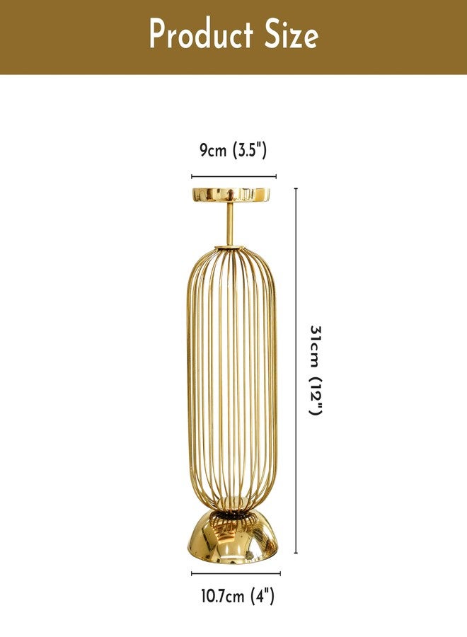 Behoma Metal Candle Holder Stand with Gold Finish | Decorative Pillar Candle Stand for Home, Living Room, Table Centerpiece, Modern Vintage Decor (12 Inch, Large, Candle is not Included) - Image 5